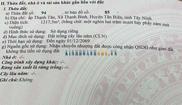 Bán đất diện tích 1217 m2 tại xã Thạnh Bình, Tân Biên.