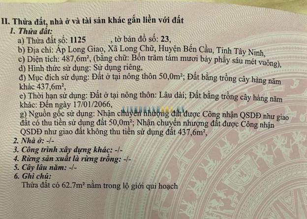 Bán đất 2 mặt tiền, diện tích 487 m2 tại xã Long Chữ, huyện Bến Cầu.