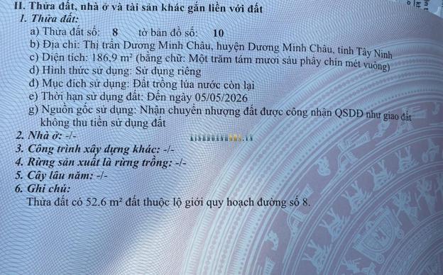 Bán đất diện tích 186 m2 tại thị trấn Dương Minh Châu, Tây Ninh.