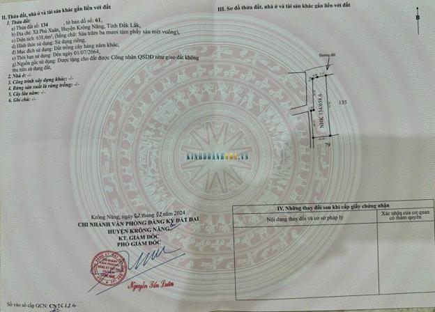 Bán đất 638m², giá 159 triệu tại Xã Phú Xuân, Huyện Krông Năng.
