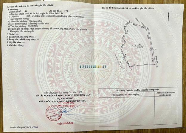 Bán đất 11.000m² giá 1.05 tỷ tại Xã Ea Sol, Huyện Ea H'leo.